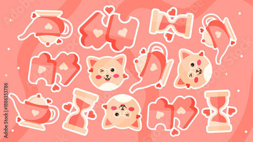 Artistic pink pattern showing tea time and hourglass stickers for a sweet Valentine vibe