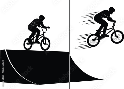 Black Silhouette of Two BMX Riders Performing Stunts on a Skatepark Ramp and Catching Air with Speed Motion Lines Vector Illustration on White Background