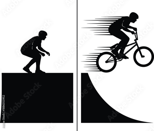 Black Silhouette of a BMX Rider Catching Air Off a Quarter Pipe Ramp and a Skater Preparing to Drop In at Skatepark Vector
