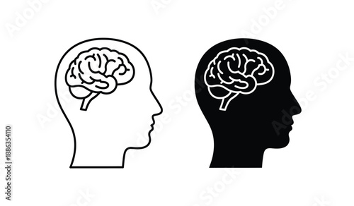 Black and white line art illustration of two human head profiles with brains visible, side view, simple minimalist design