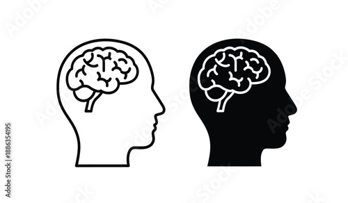 Black and white illustration of two human heads with brains visible in profile view