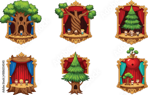 Whimsical vector illustration set of children performing on nature themed stages with trees and curtains inside ornate frames for school plays and storytelling.