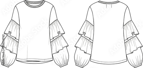 Technical flat fashion sketch of a women’s long sleeve crewneck top featuring dramatic tiered ruffle balloon sleeves and ribbed cuffs for apparel design mockups.