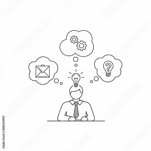 Man with Thought Bubbles and Lightbulb.