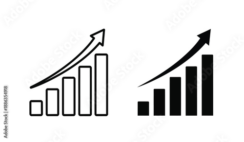Black and white bar chart and graph icons with arrows pointing upwards on isolated for business and finance concepts