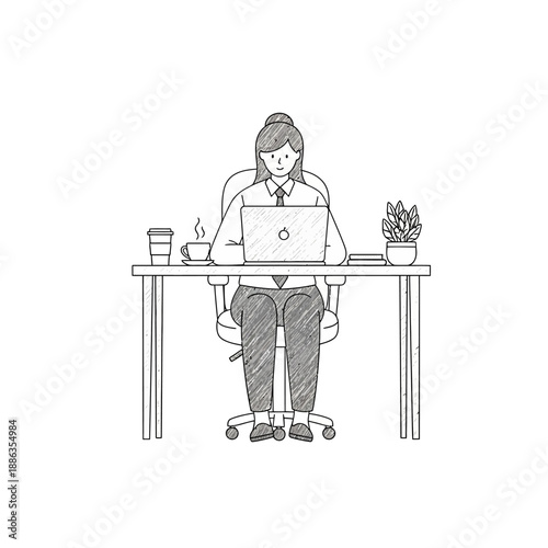 Woman Working on Laptop at Desk.