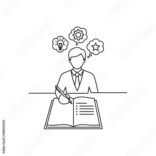 Man Writing in Notebook with Thoughts.