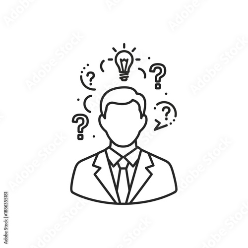 Man with Lightbulb and Question Marks.