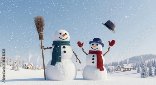 Two happy snowmen with scarves and hats in a snowy winter landscape