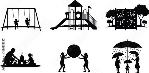 Black Silhouette Vector Collection of Children Playing on Swings Slides and Climbing Walls Plus Family Activities Like Sandcastle Building and Walking in Rain