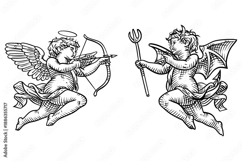 Fototapeta premium Vintage woodcut style illustration depicting the classic conflict between good and evil. Features a winged angel cherub aiming a bow and arrow opposite a horned demon with bat-like wings holding a pit