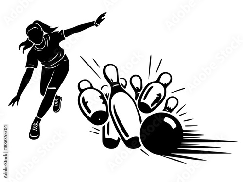 Black silhouette of a female bowler achieving a powerful strike. This high-energy illustration captures the moment of impact as the bowling ball scatters the pins, featuring minimalist movement.