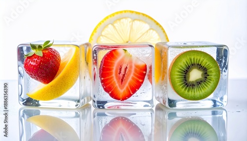 Colorful fruit slices frozen in clear ice cubes, reflecting on a white surface