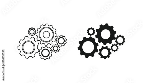 Black and white gear icons in a group on a plain for use in design or engineering concepts