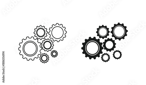 Black and white gear icons in various sizes on a pure for design and engineering concepts