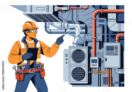 Professional technician performing maintenance inspection on a commercial HVAC system, checking ventilation ducts and climate control units