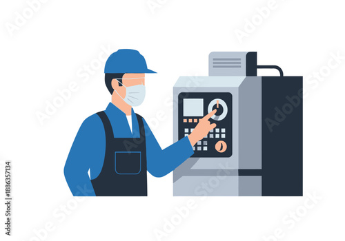 Industrial engineer in a protective face mask and hard hat operating a CNC machine, working on a smart factory production line