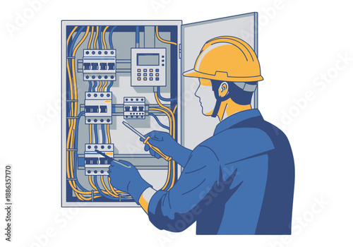 An electrician in a hard hat is shown working with a screwdriver on a complex electrical panel, symbolizing professional maintenance and repair services