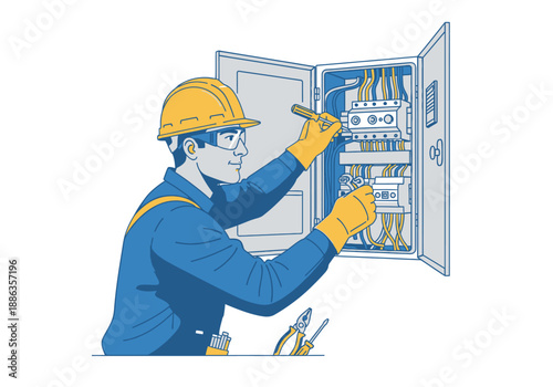 Illustrated portrait of a professional male electrician in a hard hat performing maintenance on a circuit breaker panel