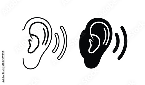 Black and white icon of human ear with sound waves for listening and hearing concepts