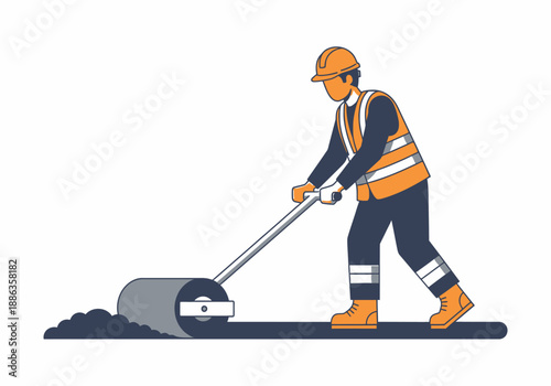 Vector illustration of a construction worker in a safety vest and hard hat using a hand roller to level the ground for road repair