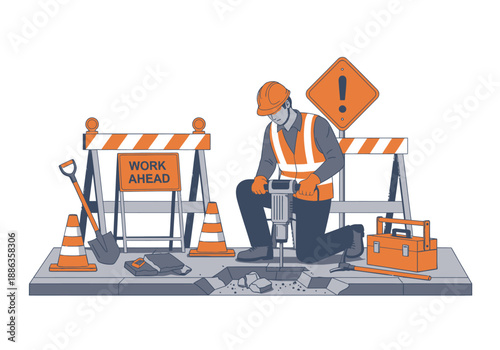 Vector illustration of a road worker using a pneumatic jackhammer to break asphalt during street maintenance and repair work