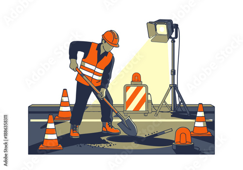 An illustration of a diligent road worker in safety gear repairing a pothole on a street during a night shift, illuminated by a spotlight