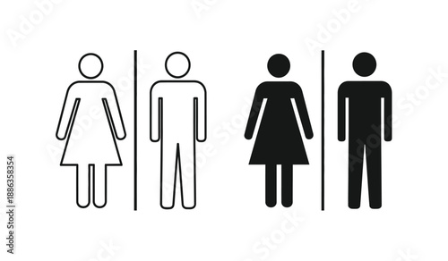 Black and white restroom sign with male and female symbols side by side on a pure