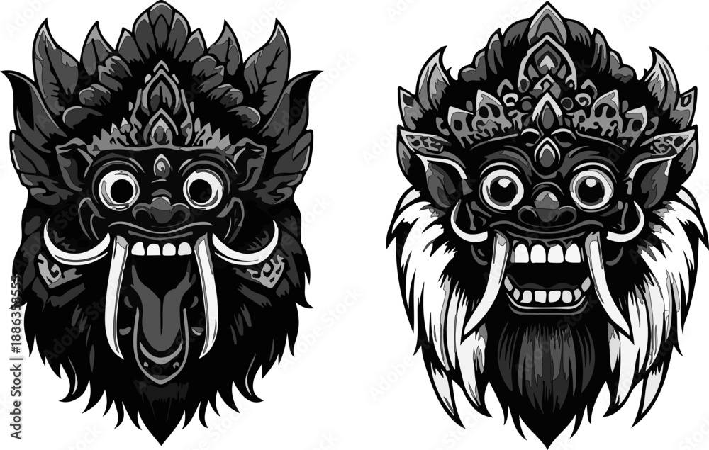 Obraz premium A Set of Six Stunning Balinese Barong Mask Illustrations Capturing the Essence of Indonesian Folklore with Ornate Craftsmanship and Vibrant Multi-Colored Palettes