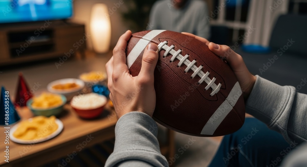 Fototapeta premium Close-up of a person's hands holding a football, anticipating the Super Bowl game day action during a home party for a fan experience concept