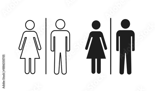 Black and white restroom signs with male and female symbols side by side on a pure