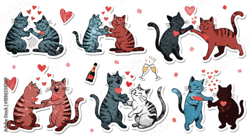 Cats in Love, Sharing a Valentine Moment with Hearts and Champagne