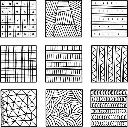 Abstract Zentangle Pattern Illustration Set Showing Decorative Repeating Motifs, Detailed Line Drawing, and Creative Doodle Textures