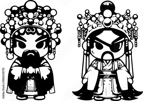 Adorable Cartoon Vector Collection of Chinese Opera Figures in Chibi Style, Showcasing Ancient Theatrical Attire for Cultural Designs, Scrapbooking, and Sticker Art Projects