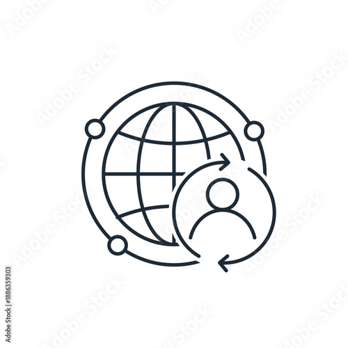 Humans and data exchange in the global Internet flow. Vector linear icon illustration isolated on white background.