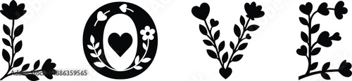 Decorative floral typography of the word love featuring black silhouette leaves hearts and flowers on white background.