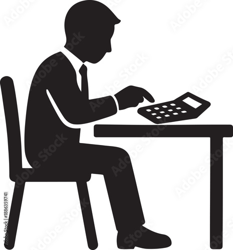 Man in business attire sitting at desk using calculator  office work concept