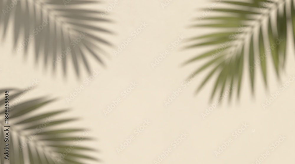 Fototapeta premium Palm leaves on beige background with tropical foliage border flat lay