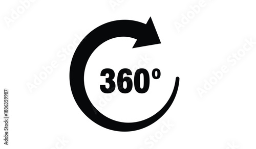 Black 360 degree rotation arrow icon on for concepts of full circle and complete turnaround