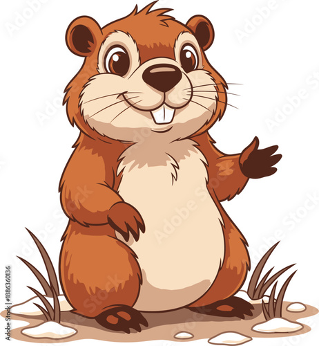 Cute cartoon beaver standing on hind legs with grass and stones