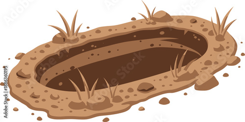 A brown muddy puddle with grass and dirt