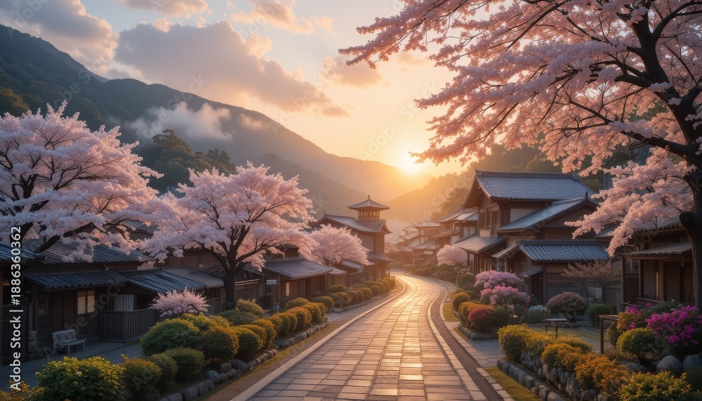 Fototapeta premium A peaceful Japanese village at sunrise, cherry blossoms falling gently as warm light fills wooden houses 