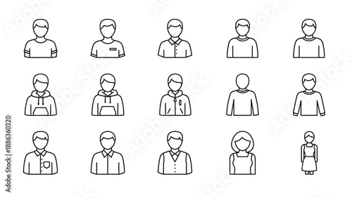Collection of fifteen distinct black line art avatars representing various male and female user profiles wearing different styles of tops and professional attire