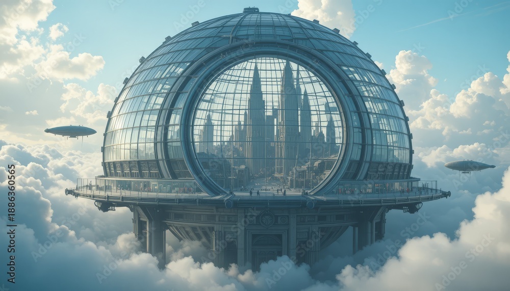 Fototapeta premium A futuristic city built inside a colossal glass dome, suspended above clouds with airships drifting slowly 