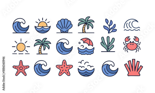 Hand drawn summer beach icon set in line style
 vector illustration, easily editable. 