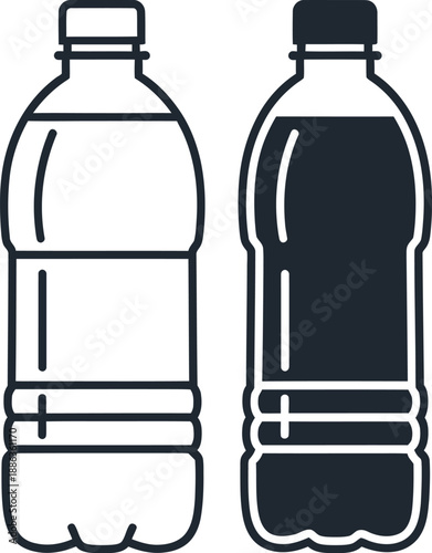 Two plastic water bottles, one outline and one solid fill, vector icon set
