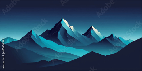 Snowy mountain range peak at night under a blue sunset sky with clouds and fog in a scenic winter nature landscape illustration vector silhouette view
