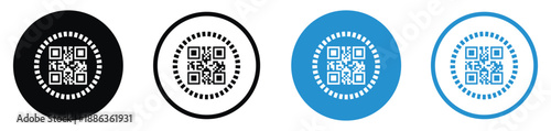 Set of QR code vector icons in different styles. Minimalist square matrix barcodes inside circular borders in black and blue, ideal for digital payments, scanning, and mobile link identification.