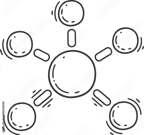 A black and white line drawing of a molecule or atom structure on a white background