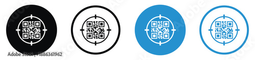 Set of QR code vector icons in different styles. Minimalist square matrix barcodes inside circular borders in black and blue, ideal for digital payments, scanning, and mobile link identification.